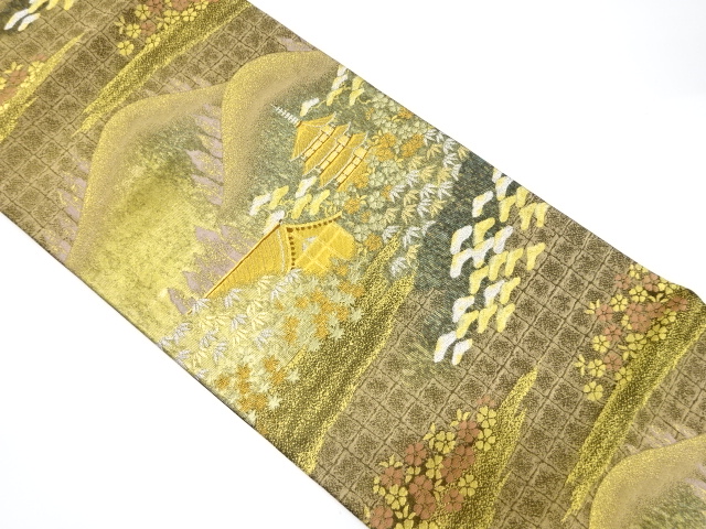 引箔　遠山に寺院風景模様織り出し袋帯